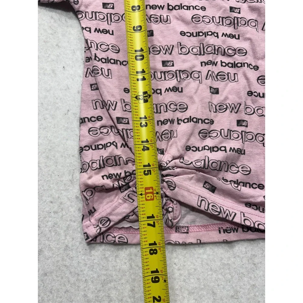New Balance Shirt Girls S 7/8 Pink Allover Logo Knot Hem Graphic Tee Athletic